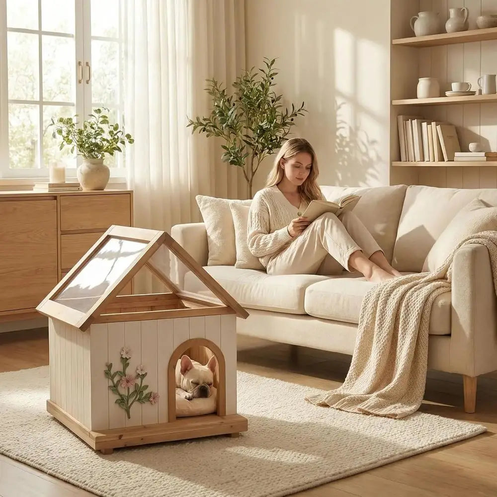 Indoor Sunlit Dog House with Handcrafted Carvings and Ultra Soft Bed Mat for Small Dogs (26.77D x 21.65W x 31.5H)