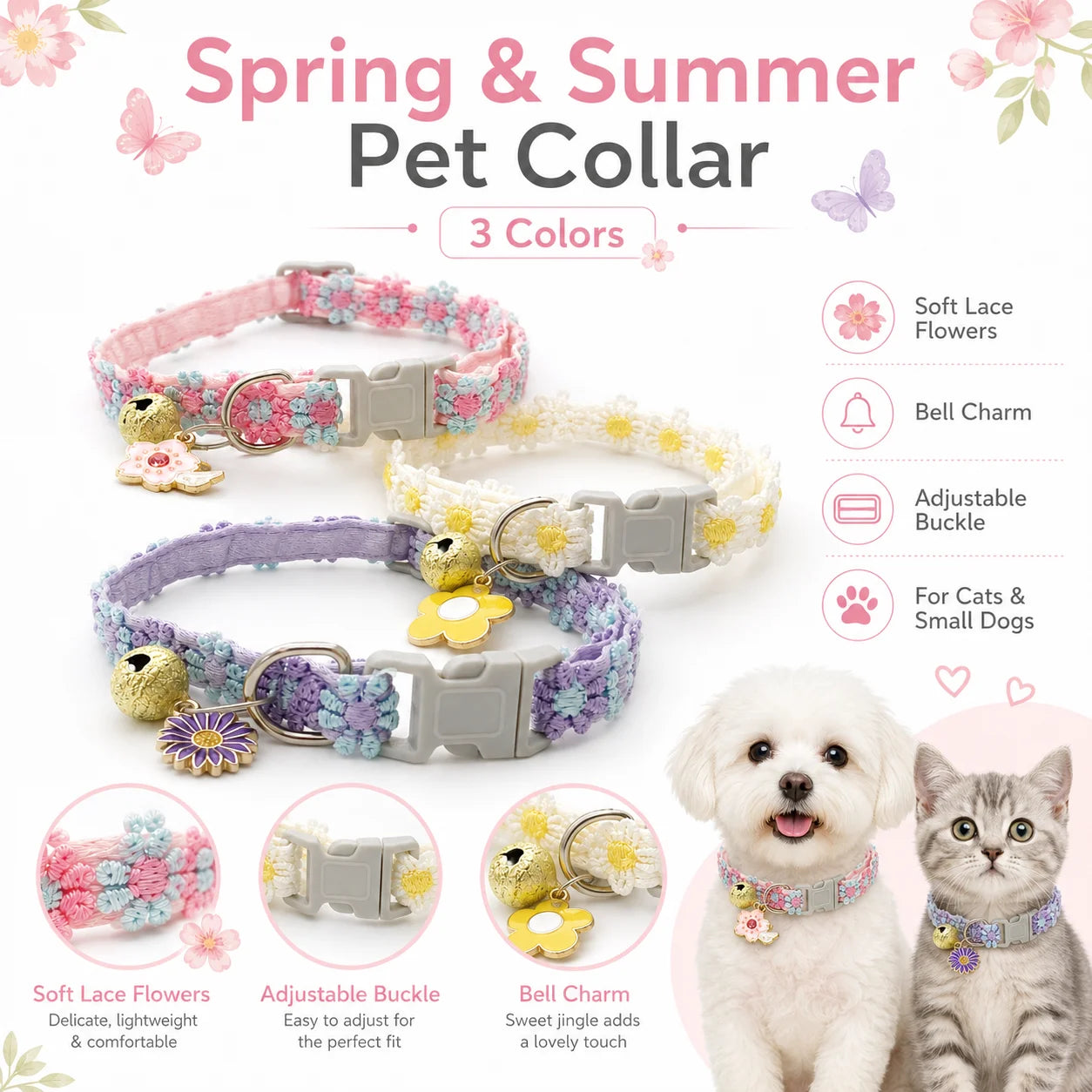 Spring Summer Soft Lace Flower Pet Collar Adjustable Breakaway Buckle Pet Neck Collar With Bell Floral Pendant For Cats Small Dogs 3 Colors Pink White Purple Optional