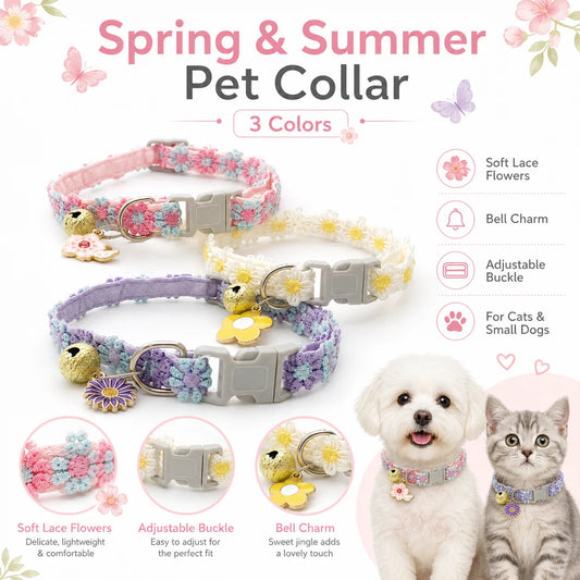 Spring Summer Soft Lace Flower Pet Collar Adjustable Breakaway Buckle Pet Neck Collar With Bell Floral Pendant For Cats Small Dogs 3 Colors Pink White Purple Optional
