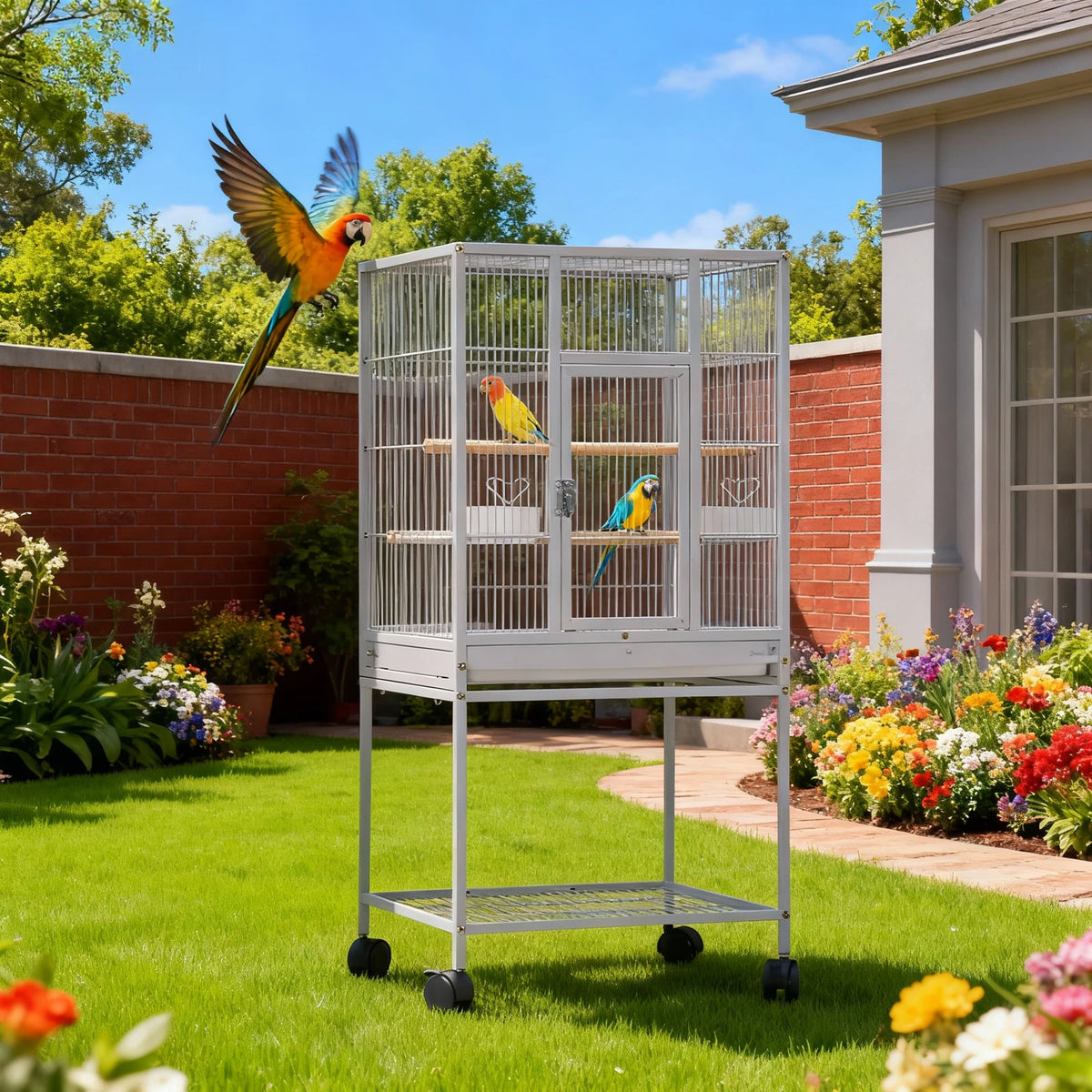 53.5" Small Animal Cage, 5-Level Metal Ferret or Bunny Cage with Wheels, Chinchilla Cage with Removable Tray, 2 Front Doors, Ram