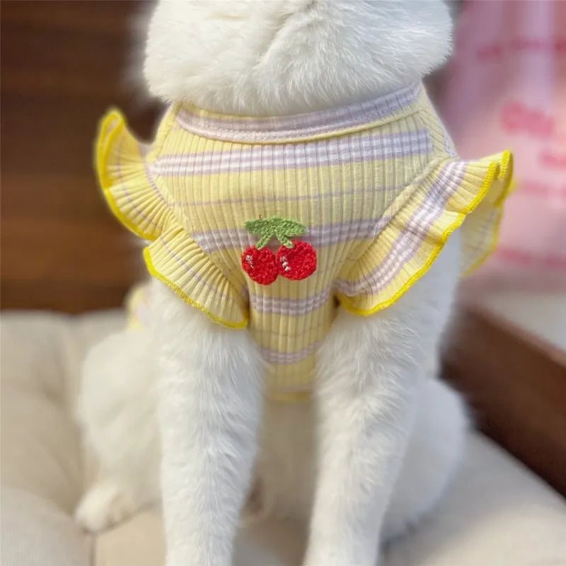 Striped Cherry Dog Shirt Puppy Spring Clothes Fly Sleeve Small Dog Clothing Summer Vest for Dogs Chihuahua Bichon Pet Outfits