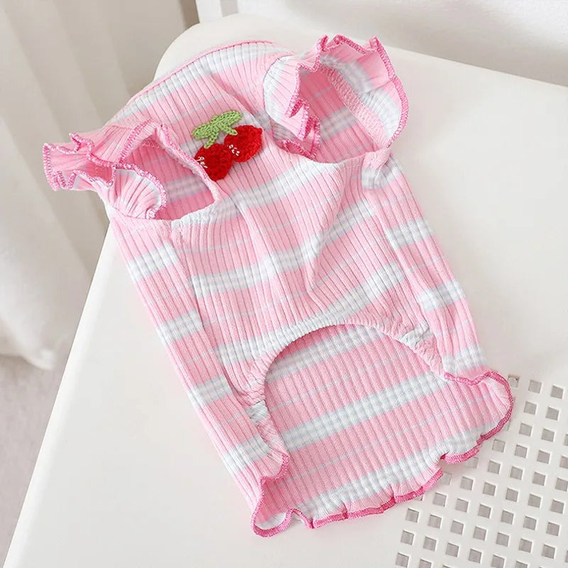 Striped Cherry Dog Shirt Puppy Spring Clothes Fly Sleeve Small Dog Clothing Summer Vest for Dogs Chihuahua Bichon Pet Outfits