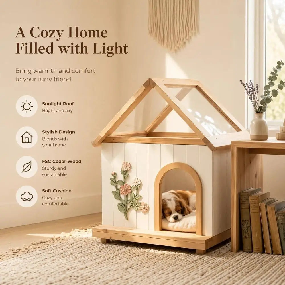 Indoor Sunlit Dog House with Handcrafted Carvings and Ultra Soft Bed Mat for Small Dogs (26.77D x 21.65W x 31.5H)