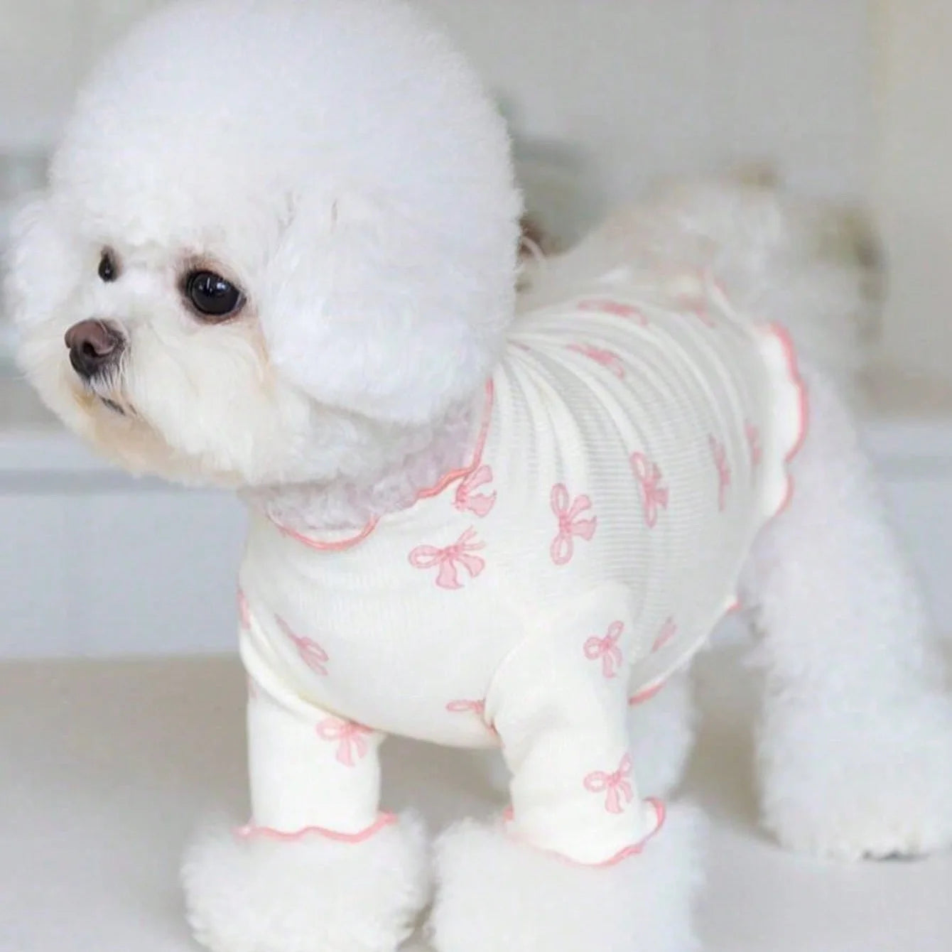 1pc Pet Dog/Cat Clothing, Allover Print With Pink Bow Tie, Breathable & Comfortable Knit Sweater