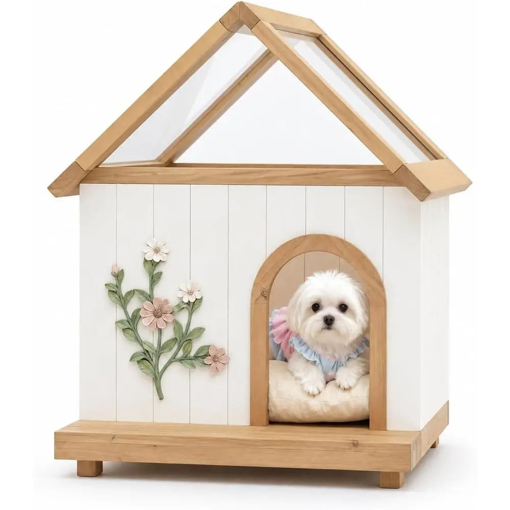 Indoor Sunlit Dog House with Handcrafted Carvings and Ultra Soft Bed Mat for Small Dogs (26.77D x 21.65W x 31.5H)