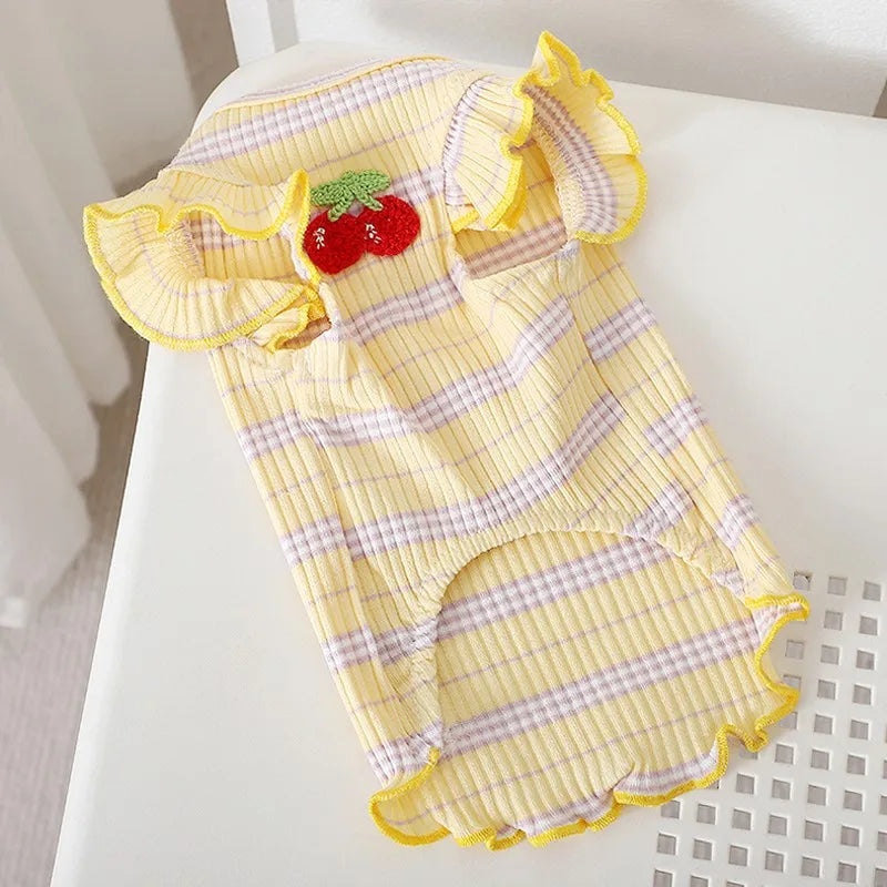 Striped Cherry Dog Shirt Puppy Spring Clothes Fly Sleeve Small Dog Clothing Summer Vest for Dogs Chihuahua Bichon Pet Outfits